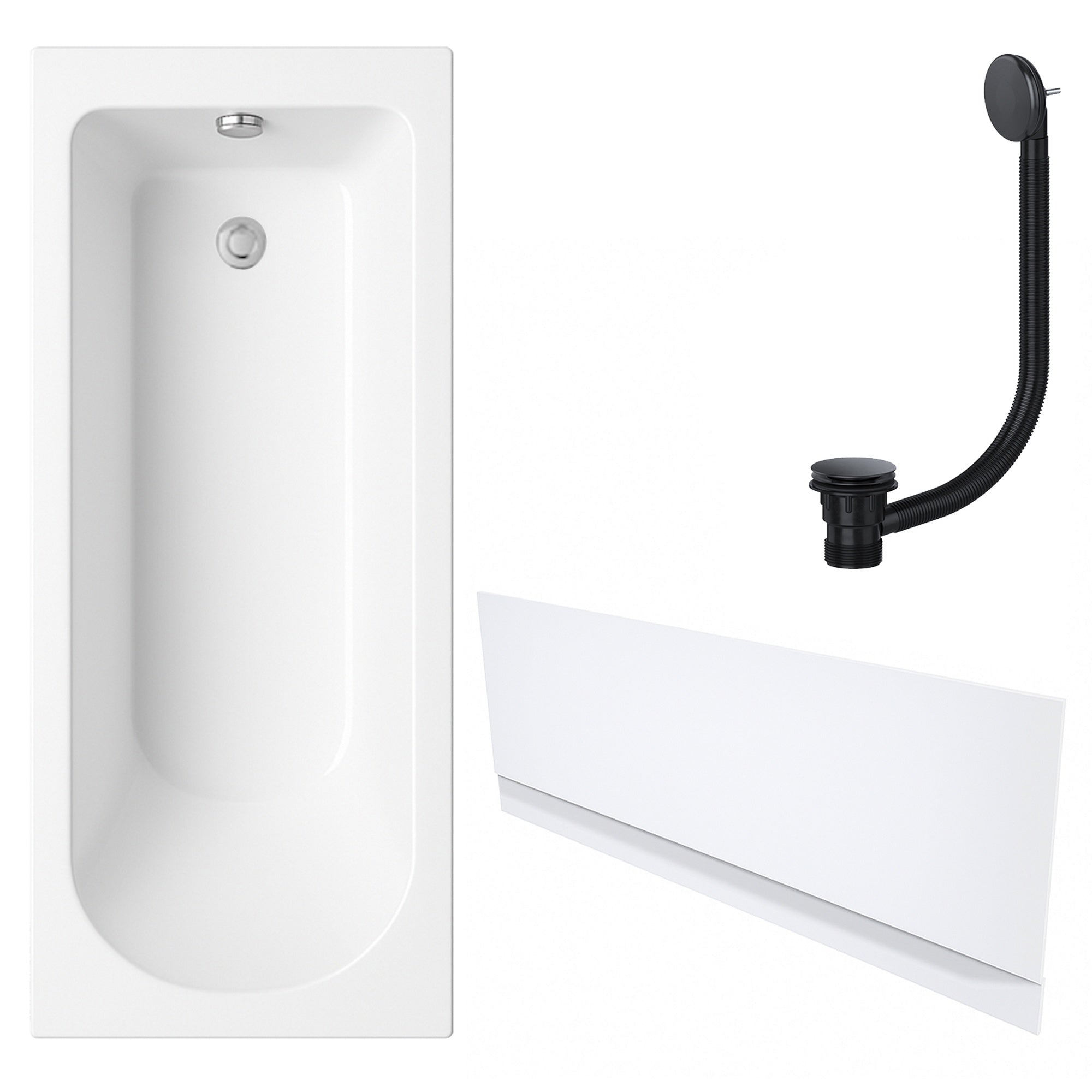 White Single-Ended Bath 1700 x 700 with Front Waterproof Panel and Matt Black Waste