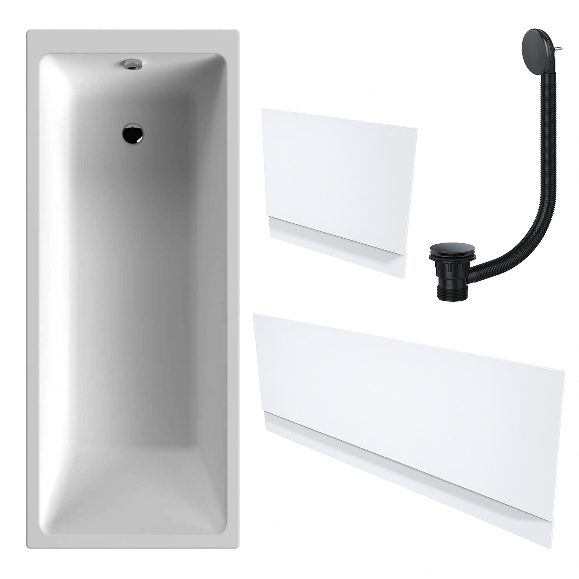 White Single-Ended Bath 1700 x 700 with Waterproof Panel Set and Matt Black Waste