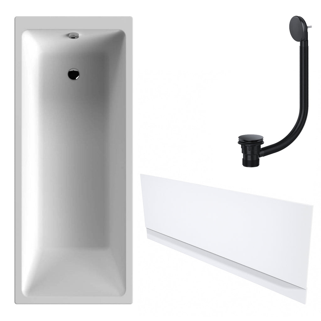 White Single-Ended Bath 1700 x 700 with Front Waterproof Panel and Matt Black Waste