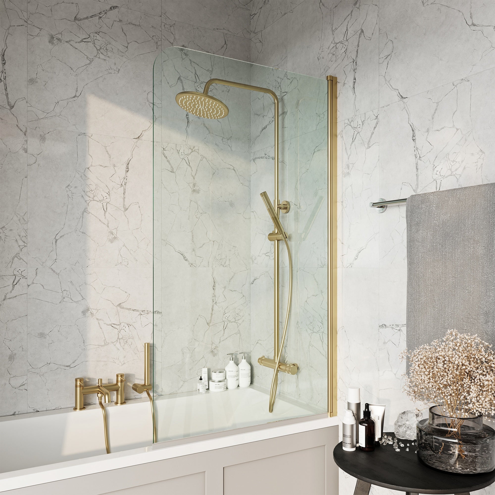 White 1700 x 700 Single-Ended Bath with Waterproof Front Panel & Reversible Hinged Glass Bath Shower Screen
