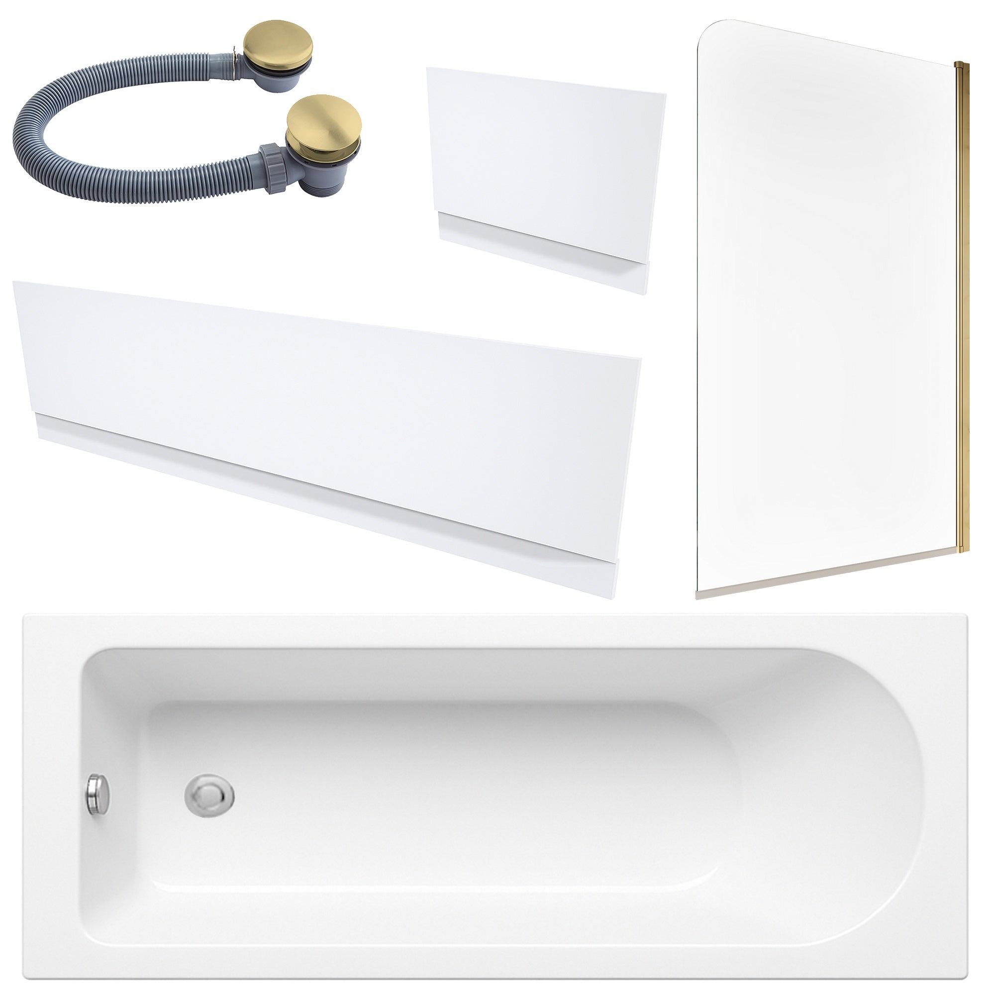 White 1700 x 700 Single-Ended Bath with Waterproof Panel Set Brushed Brass Waste & Reversible Hinged Glass Bath Shower Screen