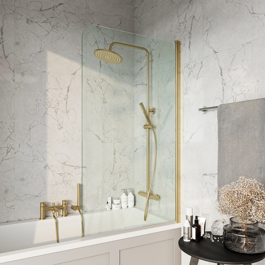 White 1700 x 700 Single-Ended Bath with Waterproof Panel Set Brushed Brass Waste & Reversible Hinged Glass Bath Shower Screen