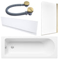 White 1700 x 700 Single-Ended Bath with Waterproof Front Panel Brushed Brass Waste & Reversible Hinged Glass Bath Shower Screen