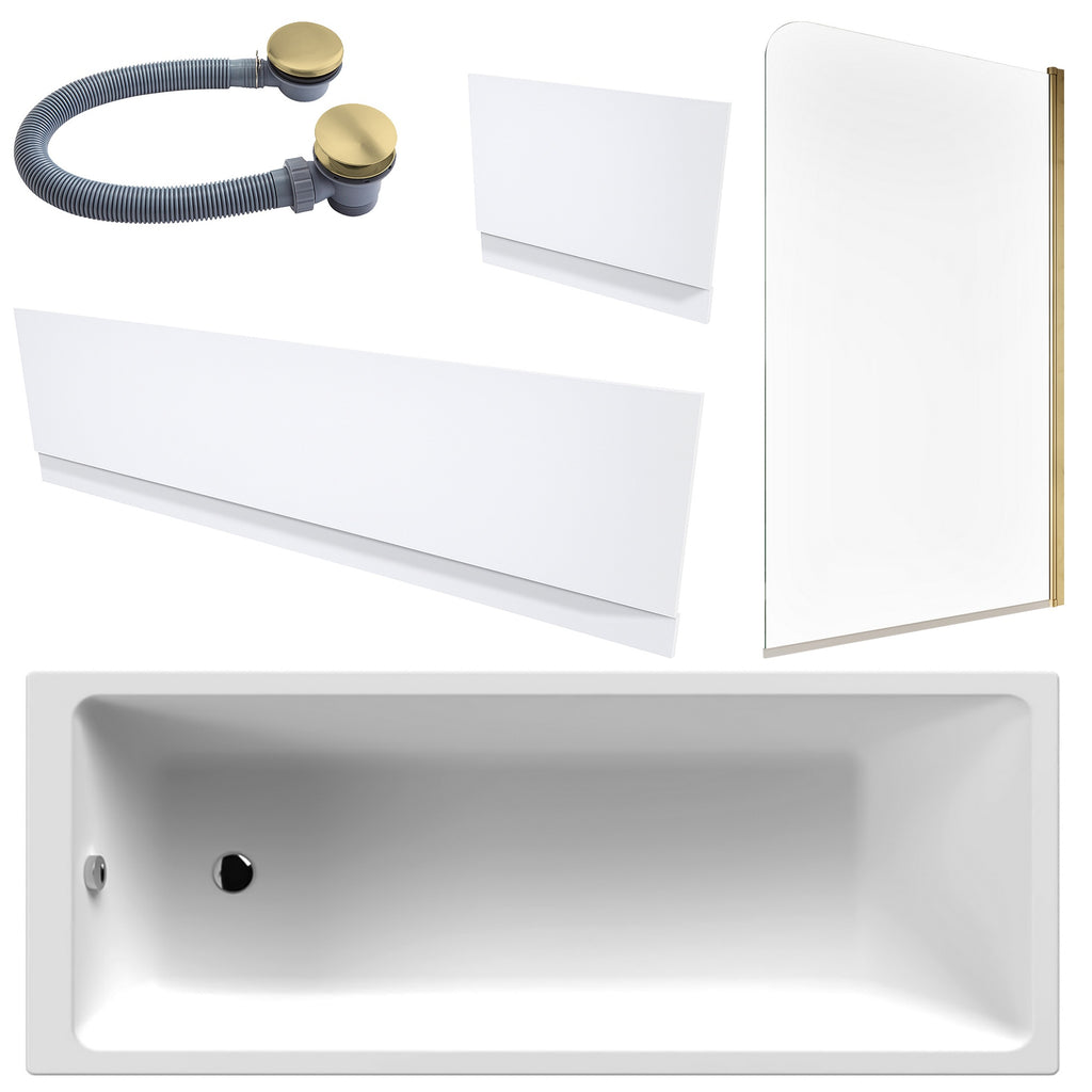 White 1700 x 700 Single-Ended Bath with Waterproof Panel Set Brushed Brass Waste & Reversible Hinged Glass Bath Shower Screen