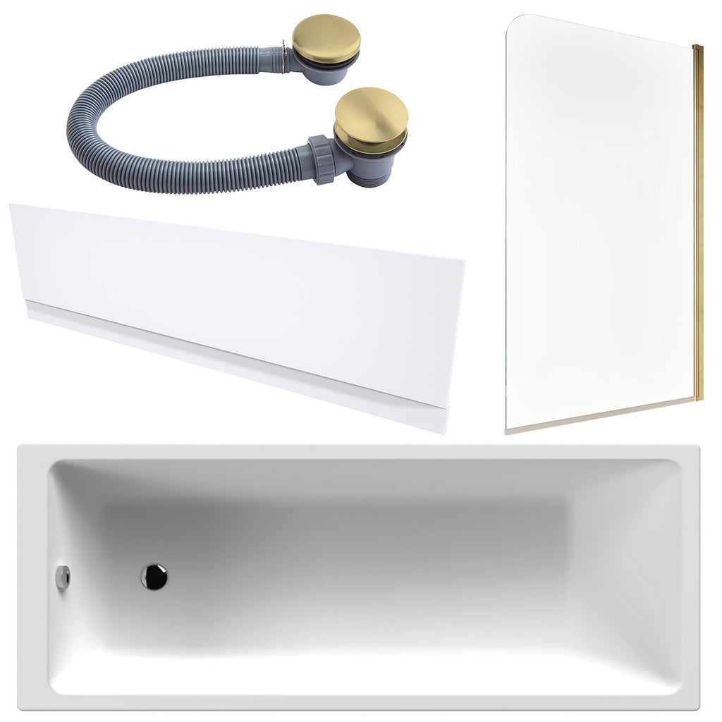 White 1700 x 700 Single-Ended Bath with Waterproof Front Panel Brushed Brass Waste & Reversible Hinged Glass Bath Shower Screen