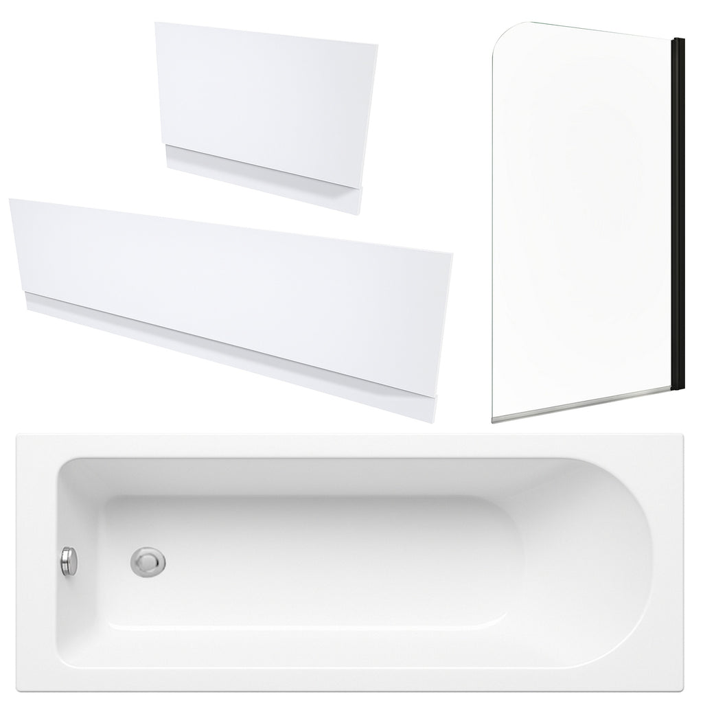 White 1700 x 700 mm Single-Ended Bath with Waterproof Panel Set & Curved Black-Profile Bath Screen