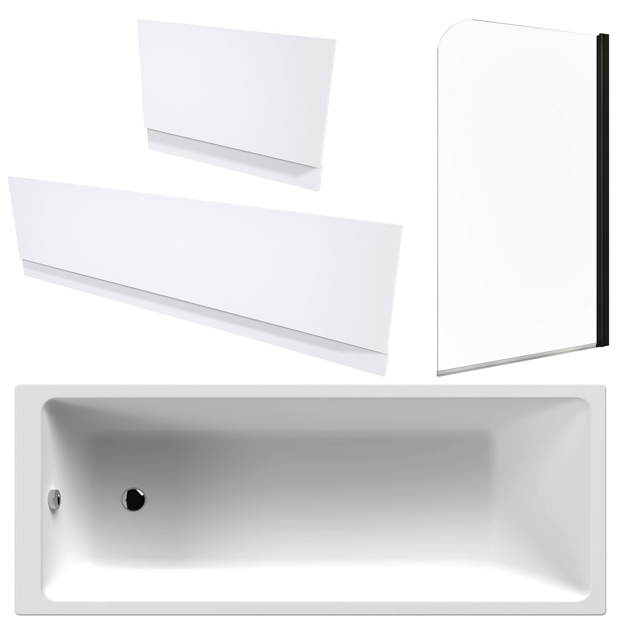 White 1700 x 700 mm Single-Ended Bath with Waterproof Panel Set & Curved Black-Profile Bath Screen