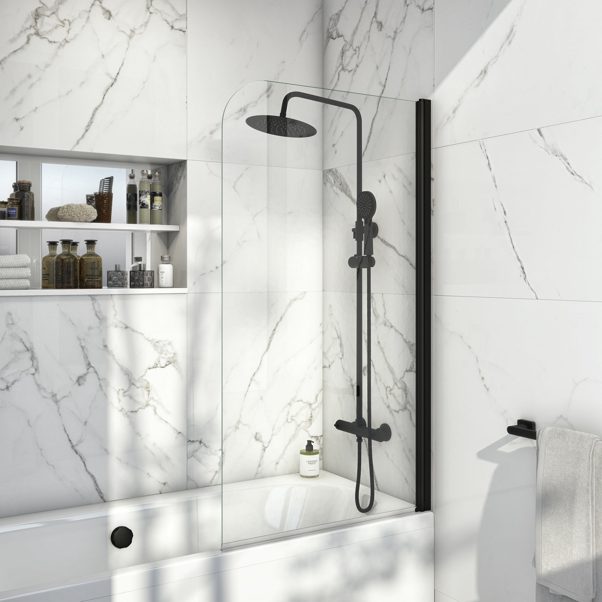 White 1700 x 700 mm Single-Ended Bath with Waterproof Panel Set & Curved Black-Profile Bath Screen