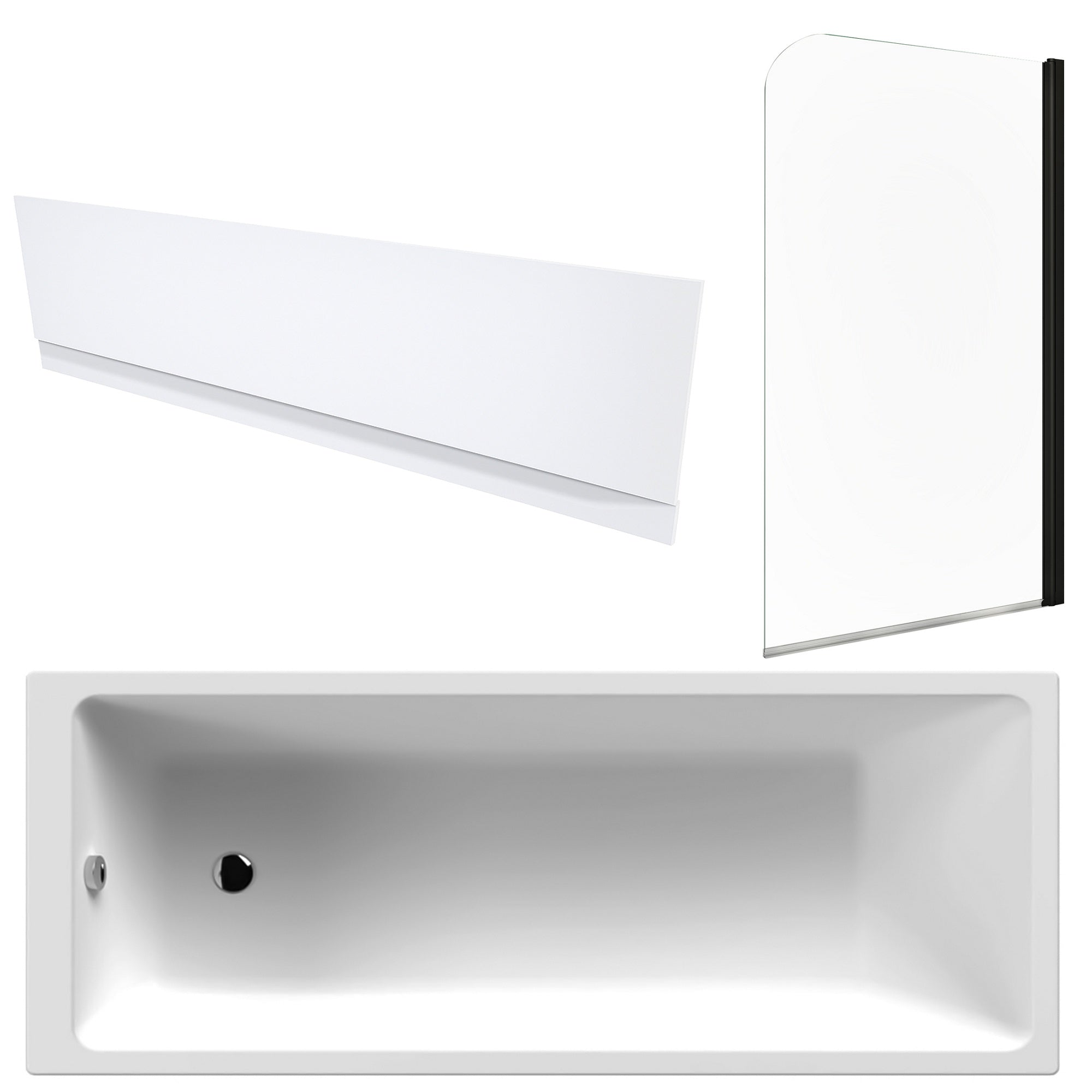 White 1700 x 700 mm Single-Ended Bath with Waterproof Front Panel & Curved Black-Profile Bath Screen
