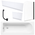 White 1700 x 700 mm Single-Ended Bath with Waterproof Panel Set Matching Black Bath Waste & Curved Black-Profile Bath Screen