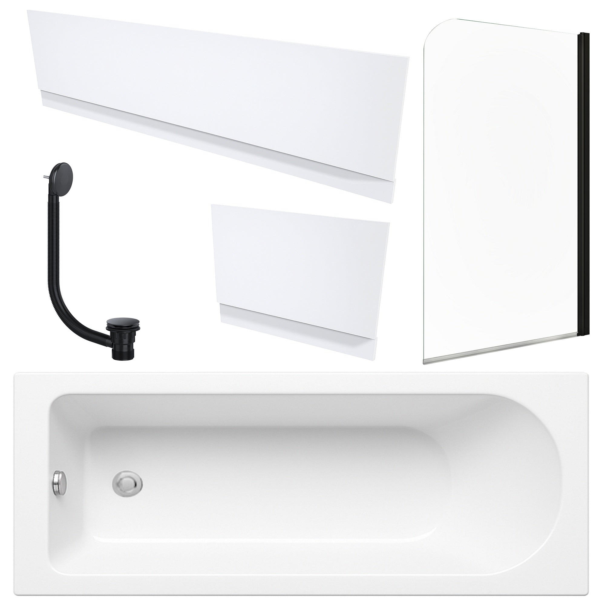 White 1700 x 700 mm Single-Ended Bath with Waterproof Panel Set Matching Black Bath Waste & Curved Black-Profile Bath Screen