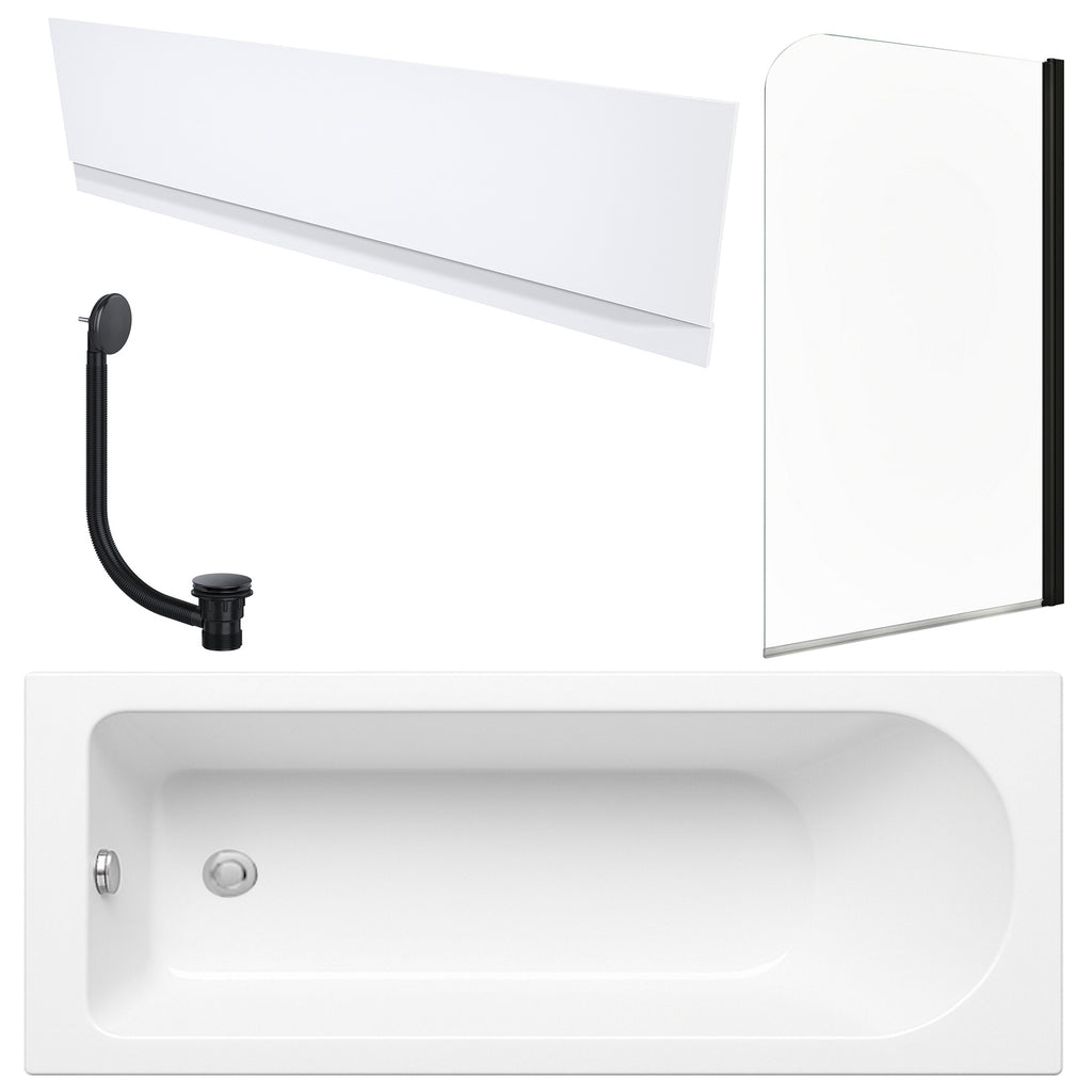 White 1700 x 700 mm Single-Ended Bath with Waterproof Front Panel Matching Black Bath Waste & Curved Black-Profile Bath Screen