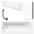White 1700 x 700 mm Single-Ended Bath with Waterproof Front Panel Matching Black Bath Waste & Curved Black-Profile Bath Screen