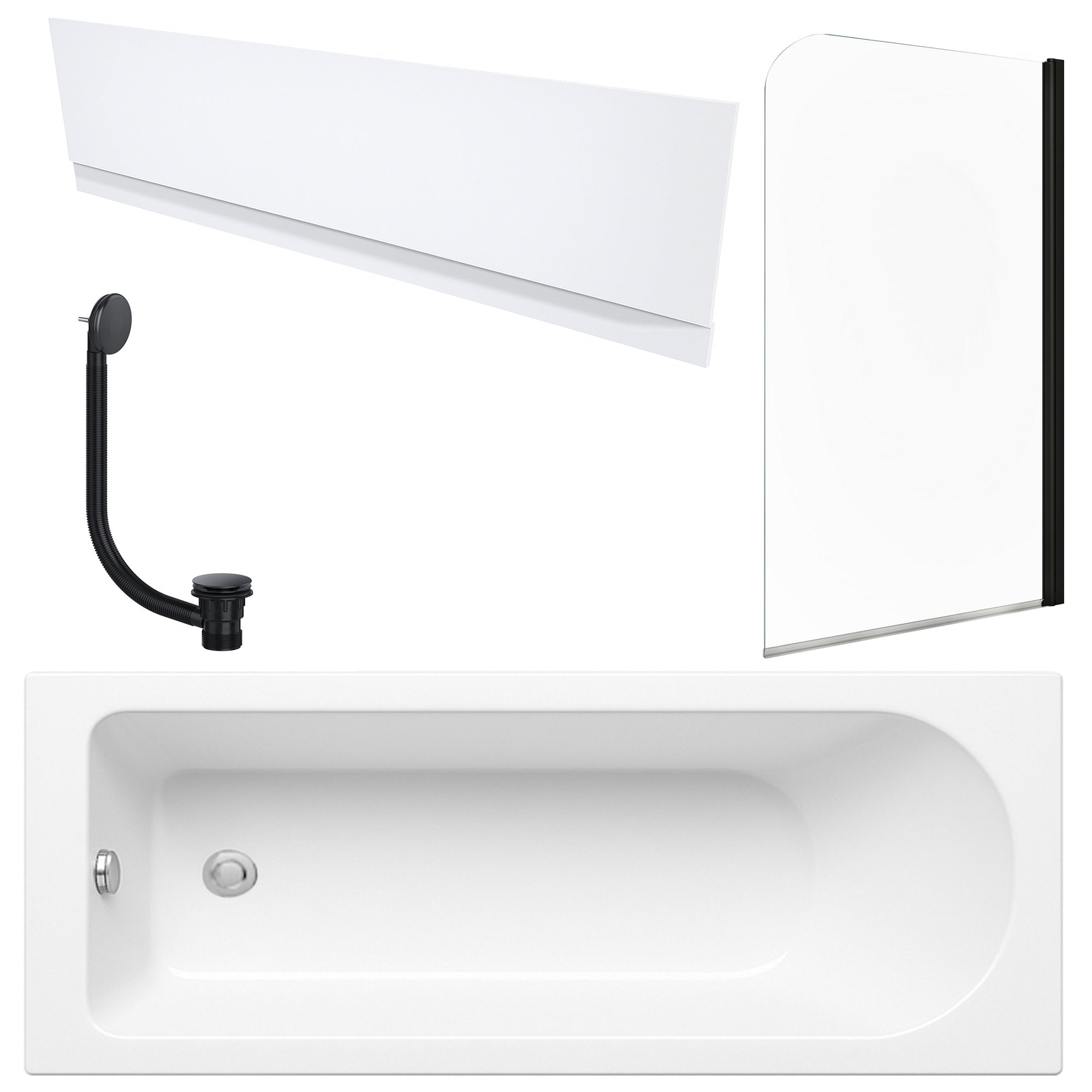 White 1700 x 700 mm Single-Ended Bath with Waterproof Front Panel Matching Black Bath Waste & Curved Black-Profile Bath Screen