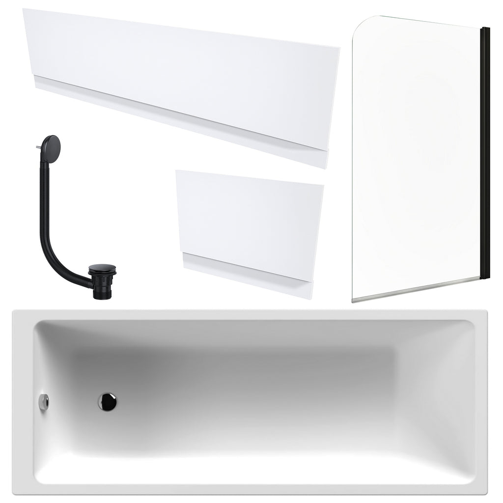 White 1700 x 700 mm Single-Ended Bath with Waterproof Panel Set Matching Black Bath Waste & Curved Black-Profile Bath Screen