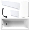 White 1700 x 700 mm Single-Ended Bath with Waterproof Panel Set Matching Black Bath Waste & Curved Black-Profile Bath Screen