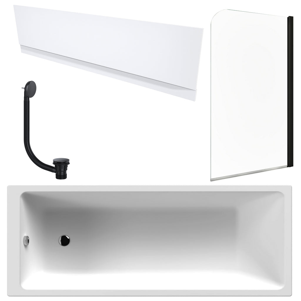 White 1700 x 700 mm Single-Ended Bath with Waterproof Front Panel Matching Black Bath Waste & Curved Black-Profile Bath Screen