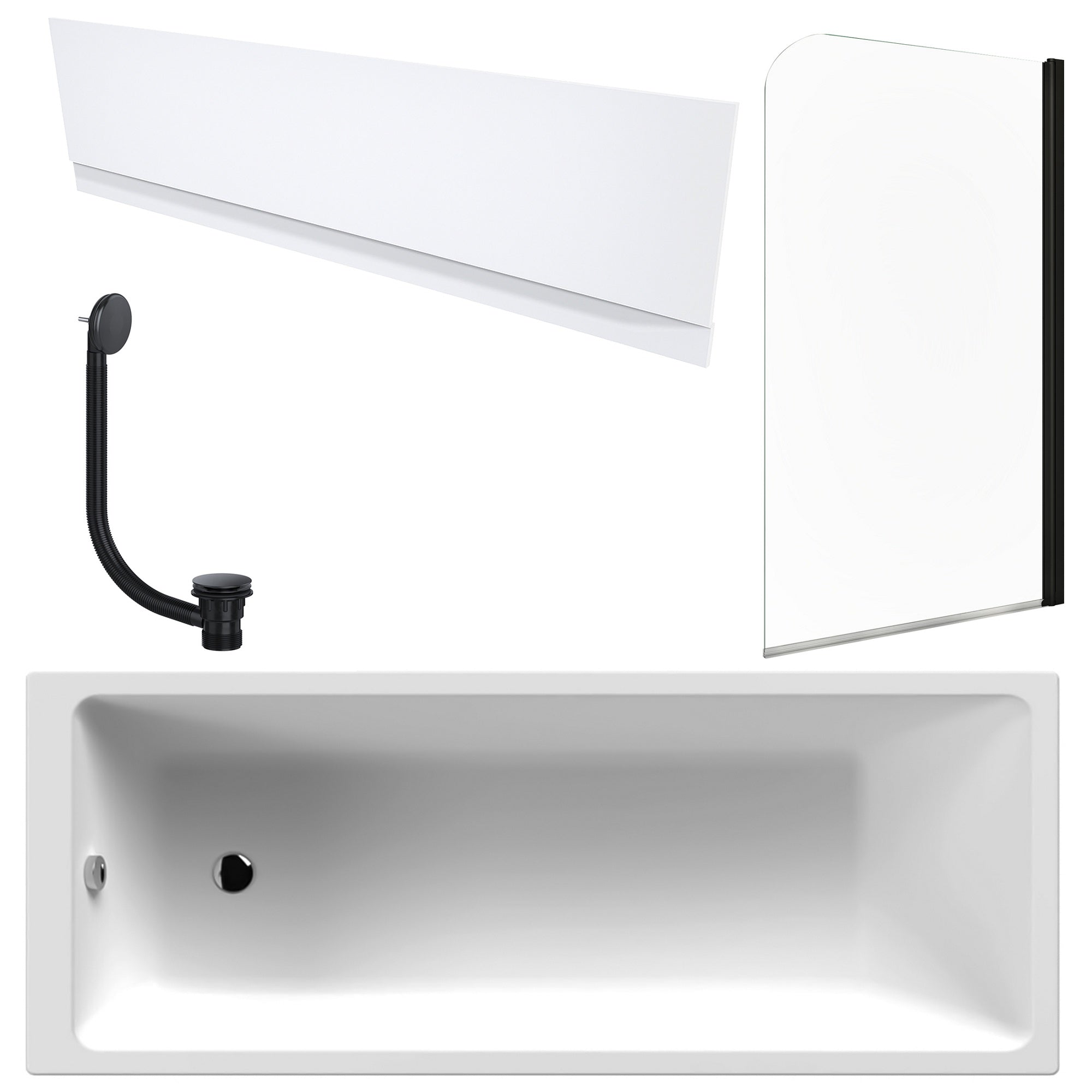 White 1700 x 700 mm Single-Ended Bath with Waterproof Front Panel Matching Black Bath Waste & Curved Black-Profile Bath Screen