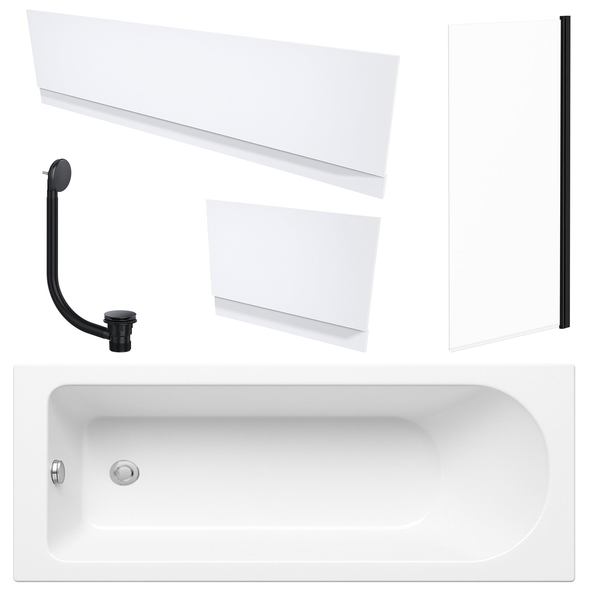 White 1700 x 700 mm Single-Ended Bath with Waterproof Panel Set & Straight Black-Frame Bath Screen