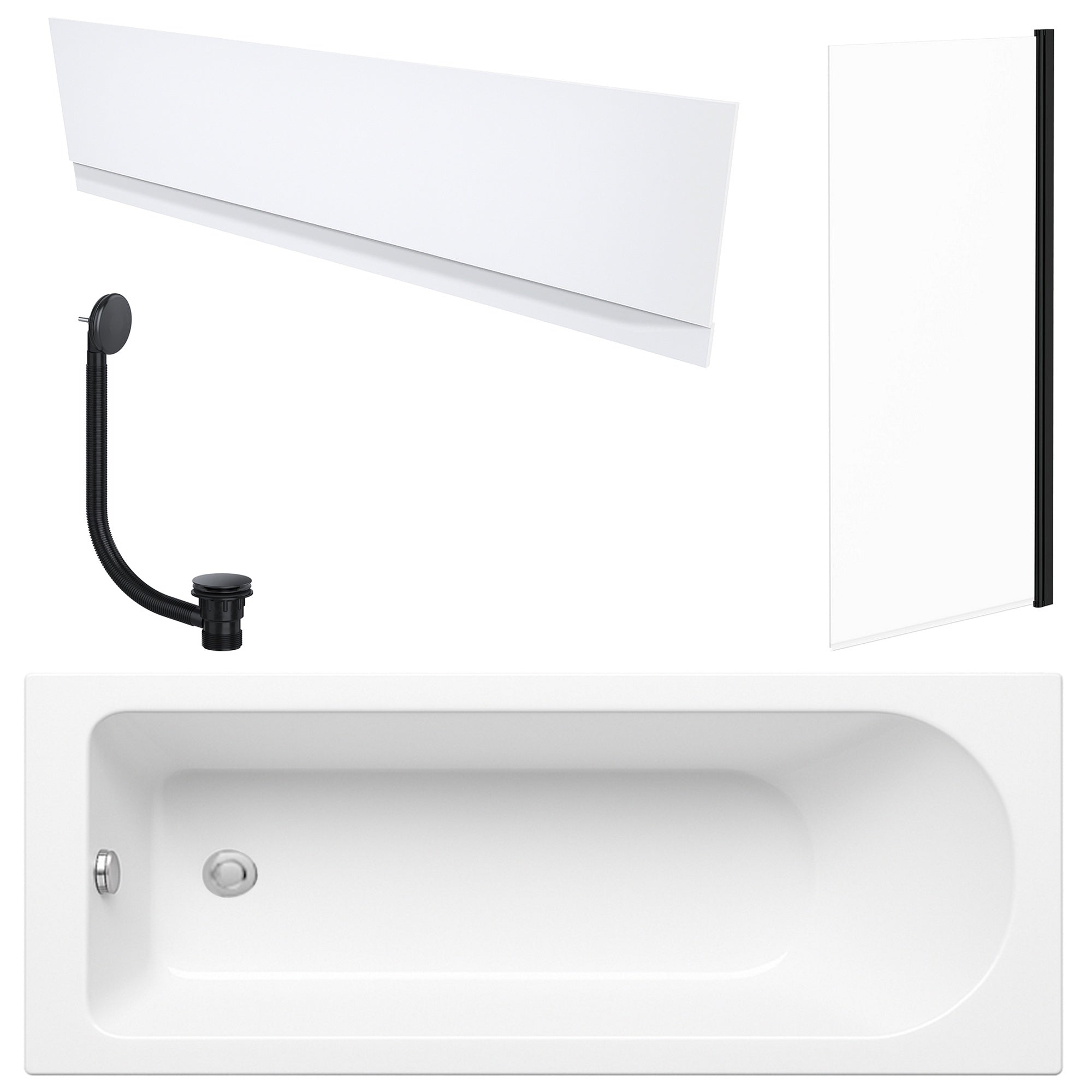 White 1700 x 700 mm Single-Ended Bath with Waterproof Front Panel & Straight Black-Frame Bath Screen