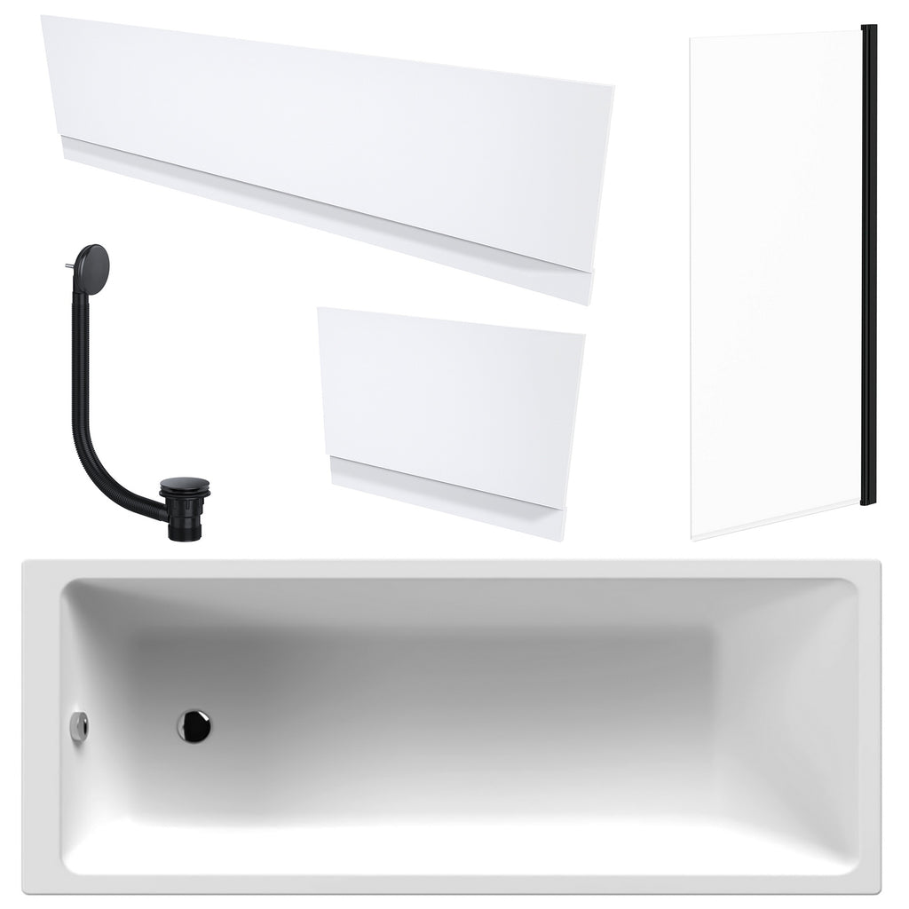 White 1700 x 700 mm Single-Ended Bath with Waterproof Panel Set & Straight Black-Frame Bath Screen