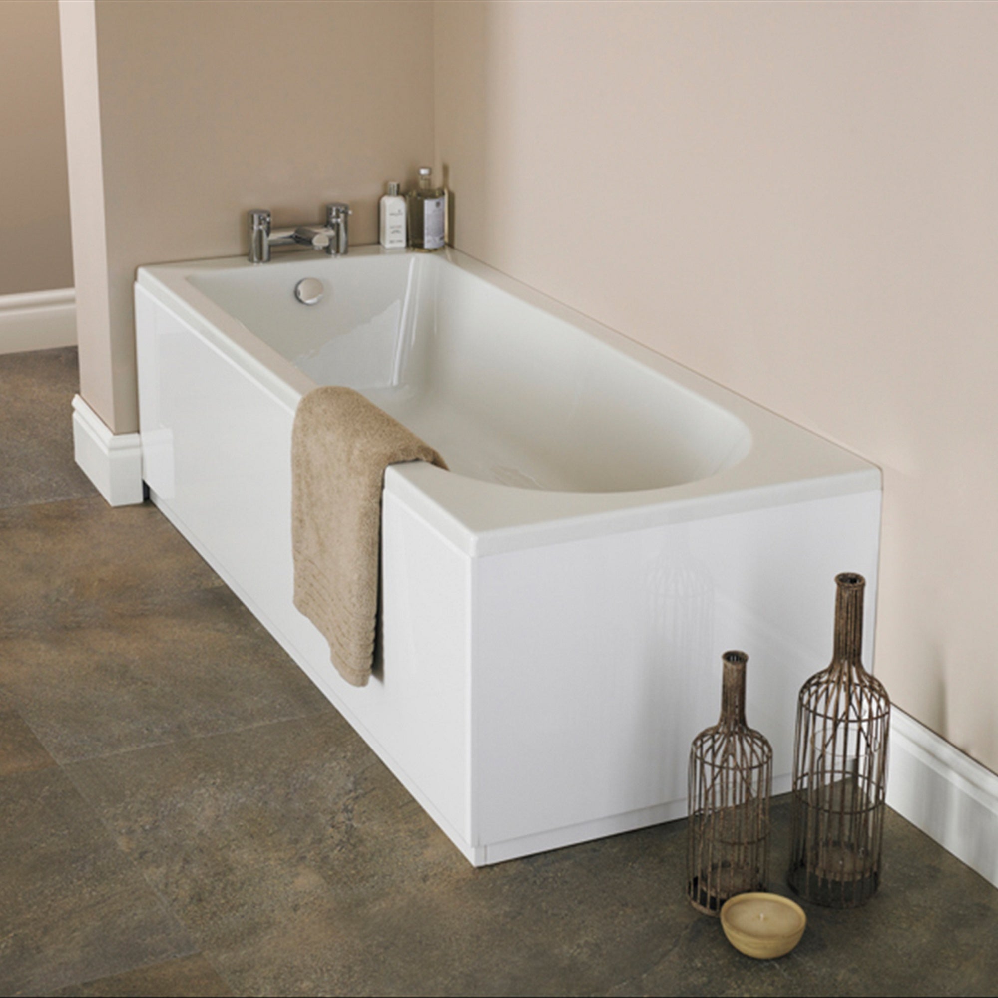 White 1700 x 700 mm Single-Ended Bath with Waterproof Panel Set & Straight Black-Frame Bath Screen