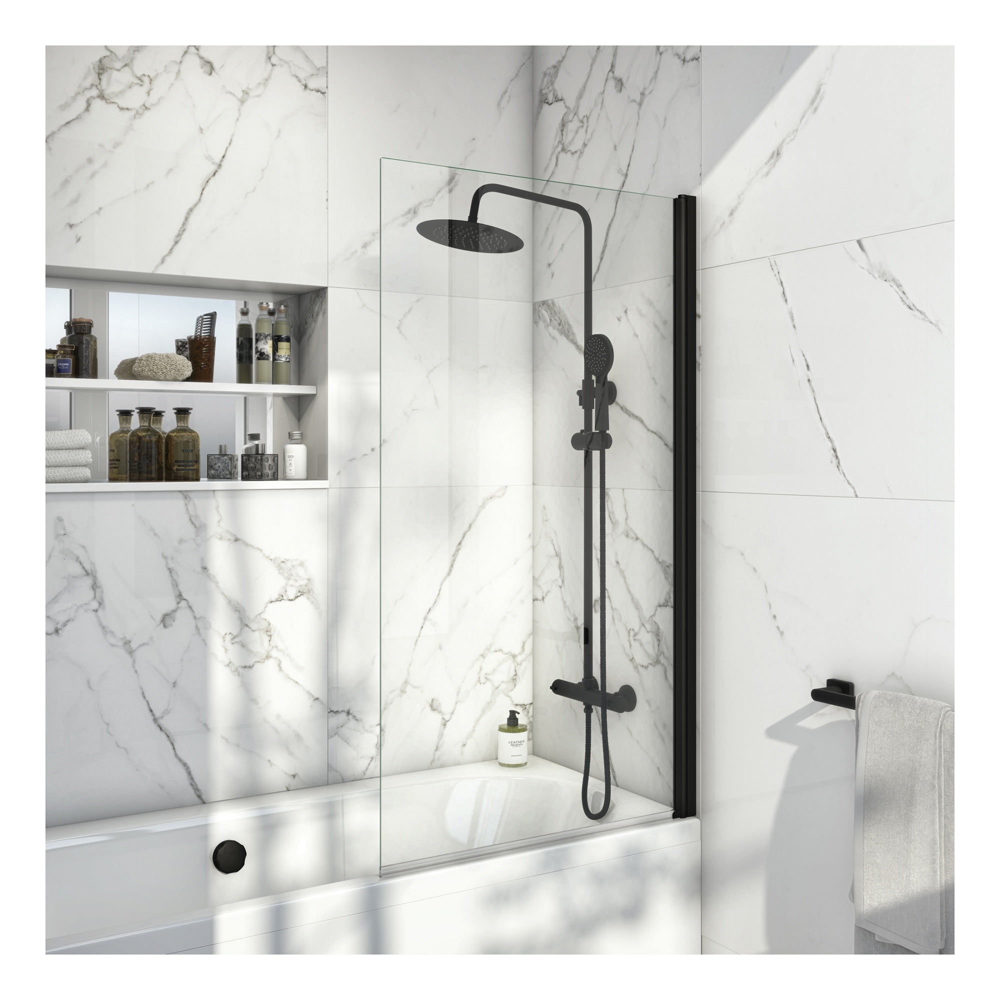 White 1700 x 700 mm Single-Ended Bath with Waterproof Panel Set & Straight Black-Frame Bath Screen