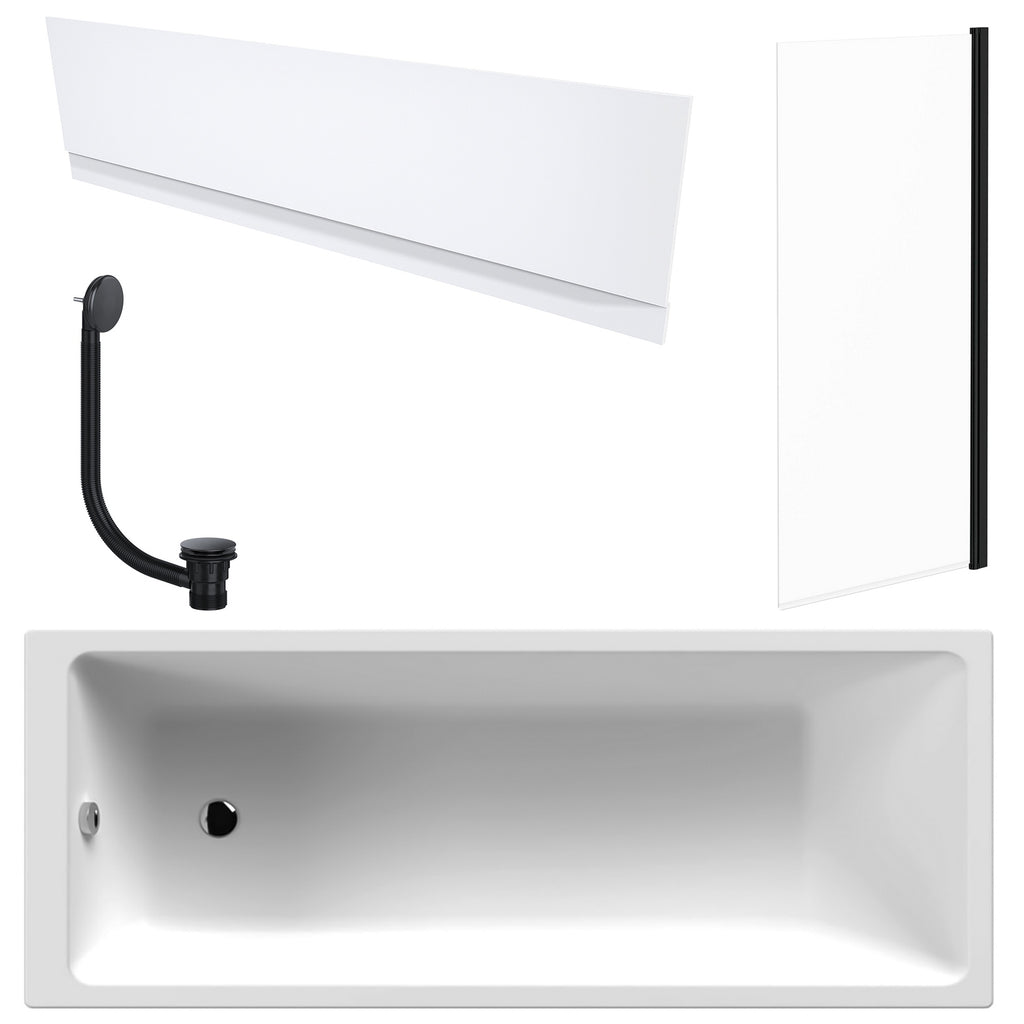 White 1700 x 700 mm Single-Ended Bath with Waterproof Front Panel & Straight Black-Frame Bath Screen
