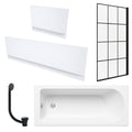 White 1700 x 700 mm Single-Ended Bath with Waterproof Panel Set Grid Black Bath Screen & Matching Black Bath Waste