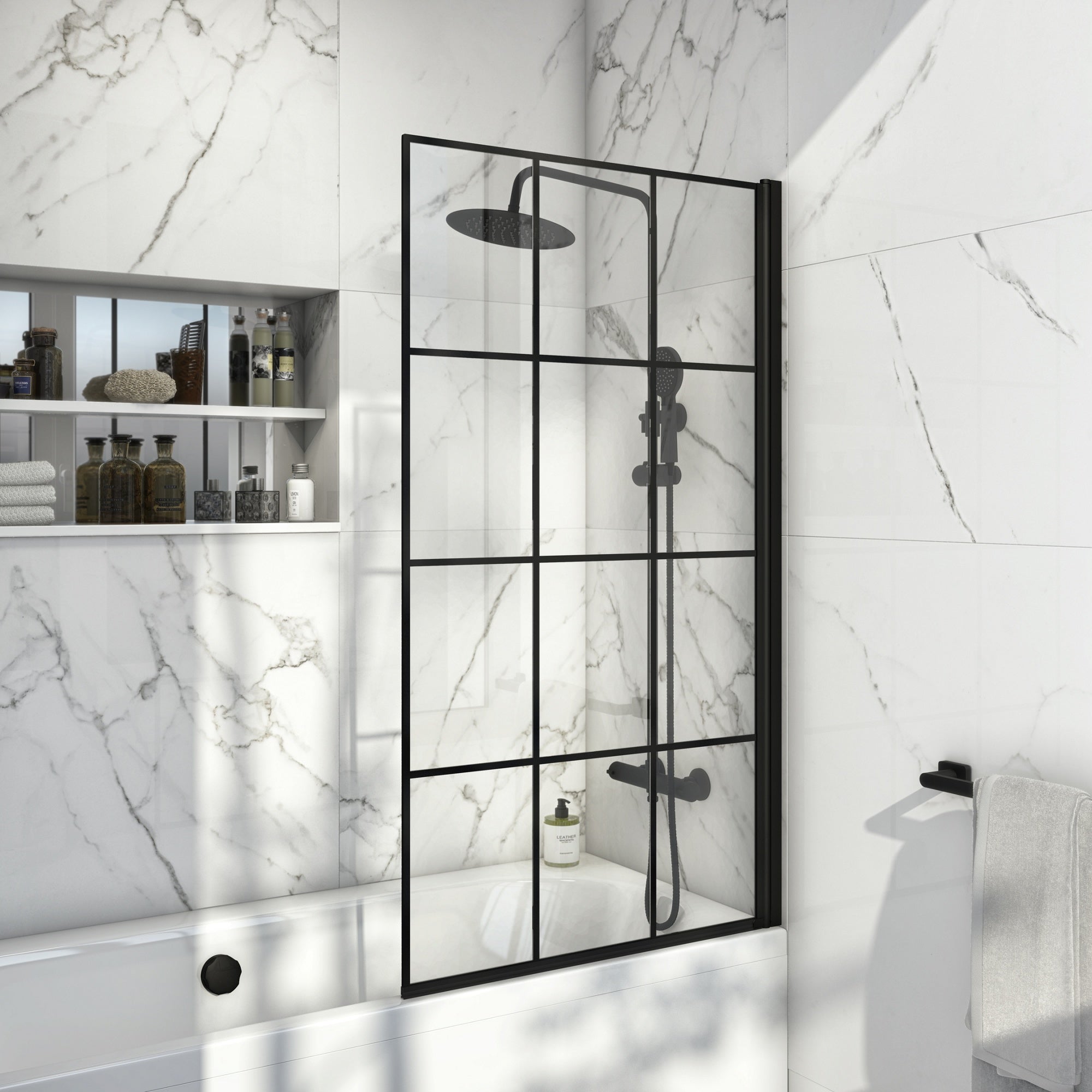 White 1700 x 700 mm Single-Ended Bath with Waterproof Panel Set Grid Black Bath Screen & Matching Black Bath Waste