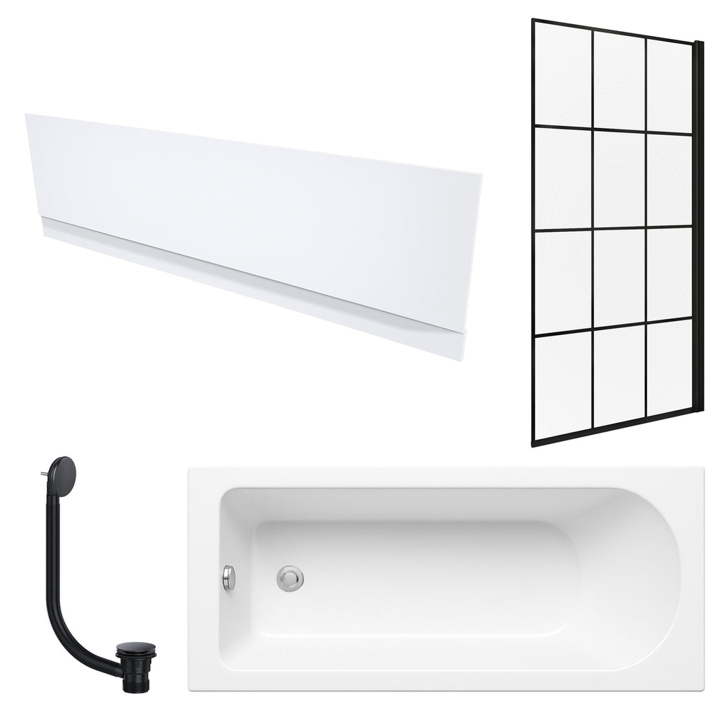 White 1700 x 700 mm Single-Ended Bath with Waterproof Front Panel Grid Black Bath Screen & Matching Black Bath Waste