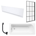 White 1700 x 700 mm Single-Ended Bath with Waterproof Front Panel Grid Black Bath Screen & Matching Black Bath Waste