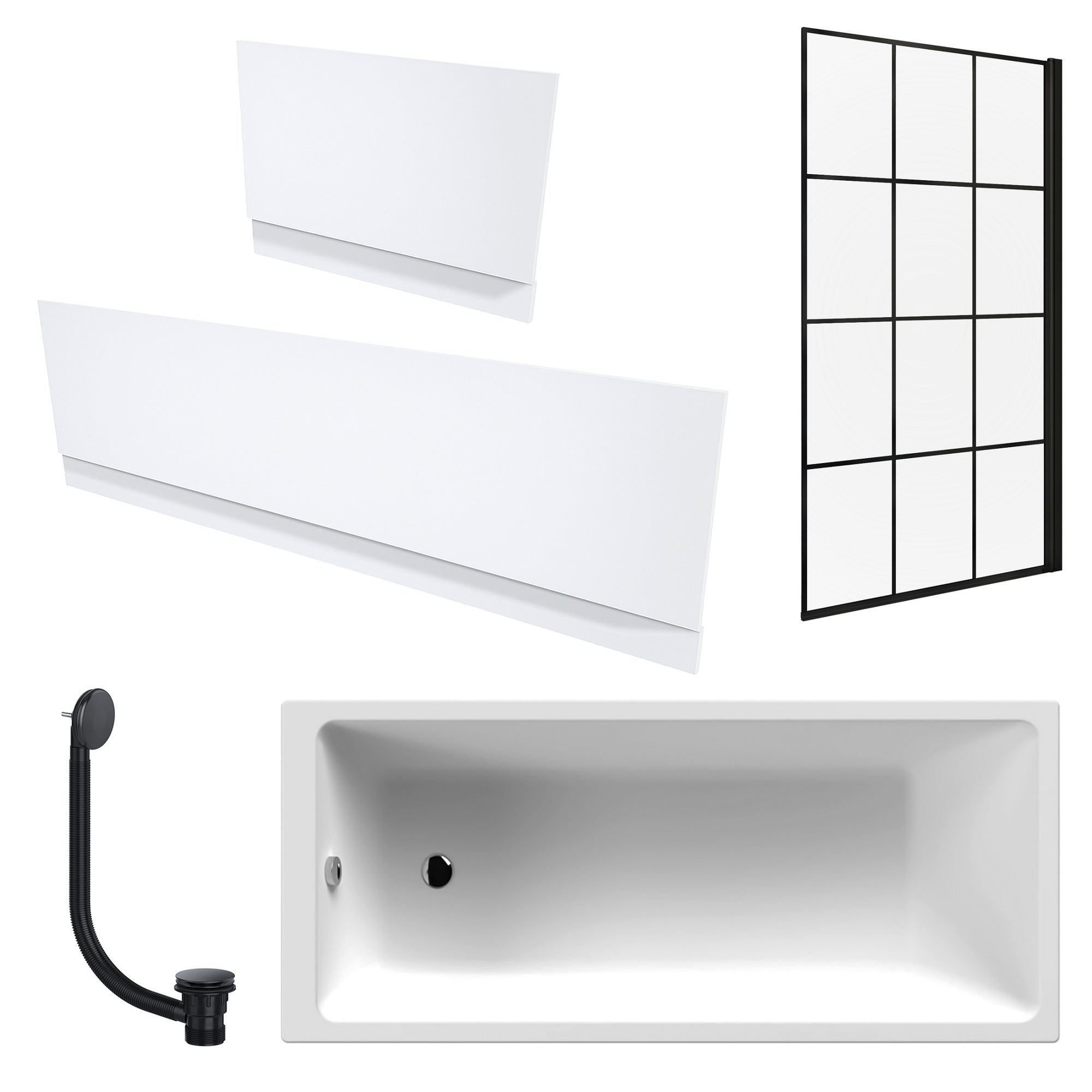 White 1700 x 700 mm Single-Ended Bath with Waterproof Panel Set Grid Black Bath Screen & Matching Black Bath Waste