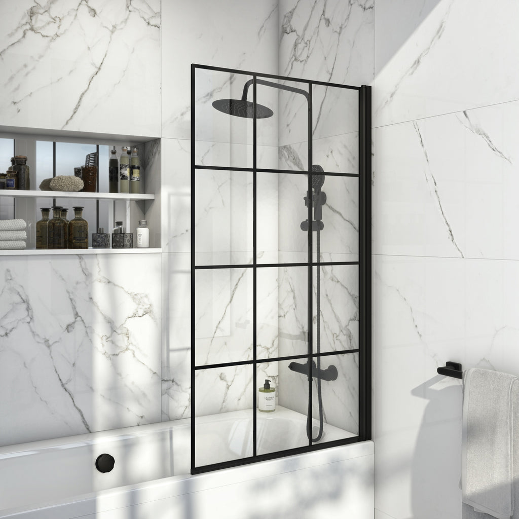 White 1700 x 700 mm Single-Ended Bath with Waterproof Panel Set Grid Black Bath Screen & Matching Black Bath Waste