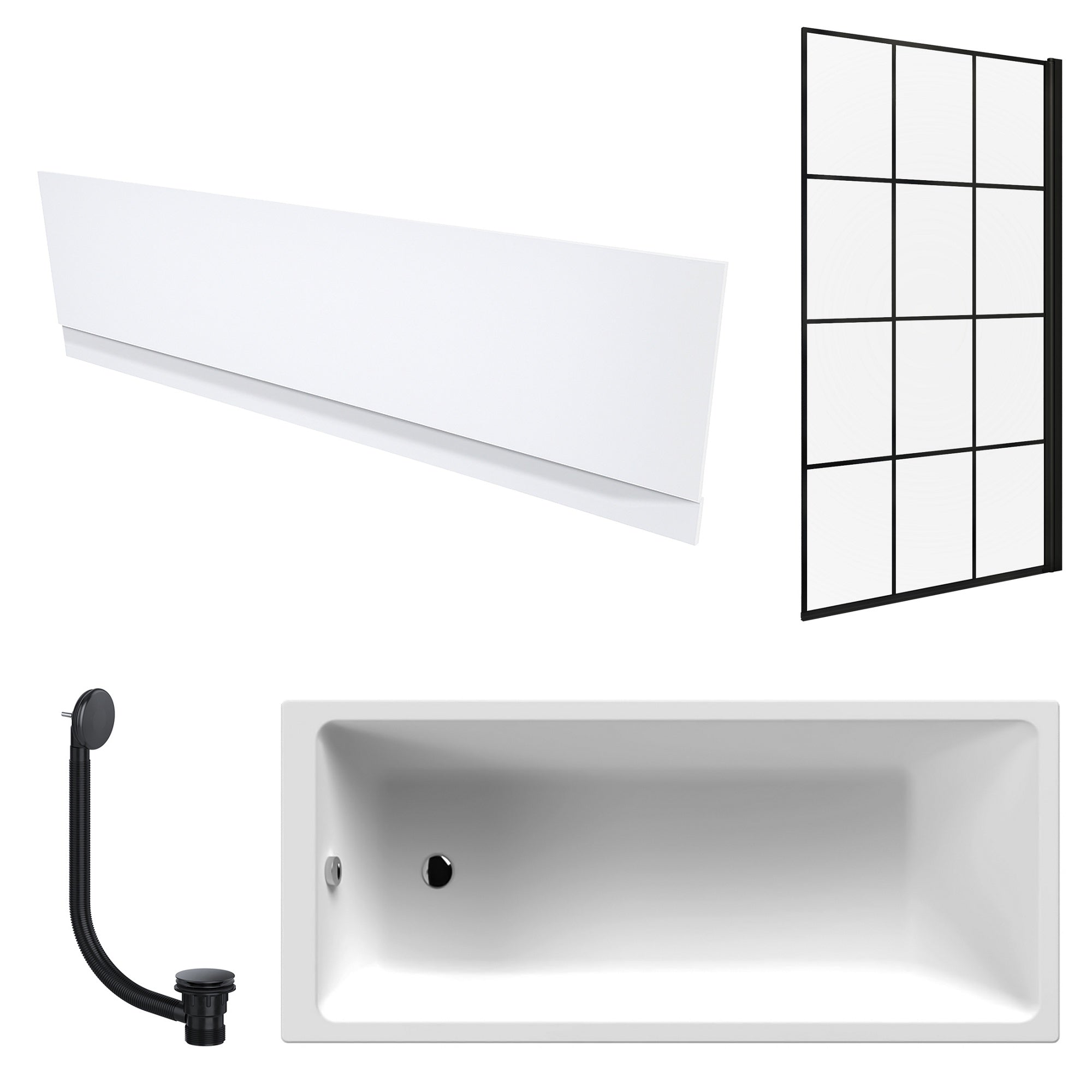 White 1700 x 700 mm Single-Ended Bath with Waterproof Front Panel Grid Black Bath Screen & Matching Black Bath Waste