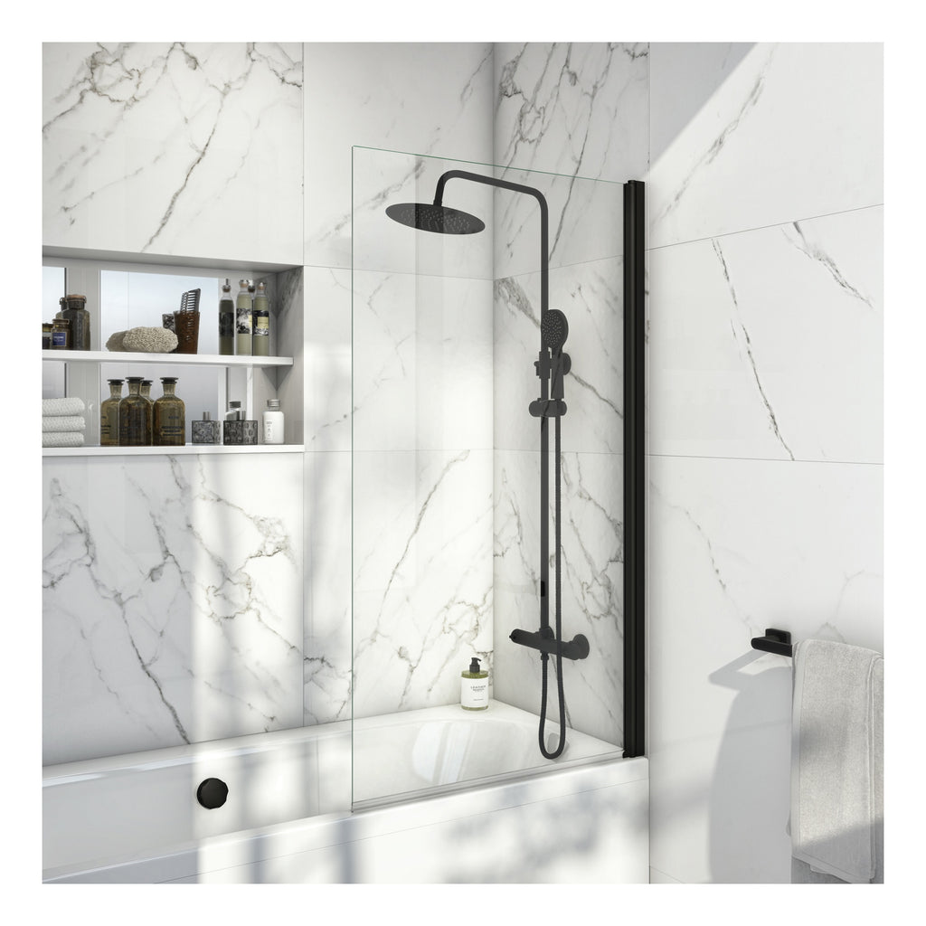 White 1700 x 700 mm Single-Ended Bath with Waterproof Panel Set Straight Black-Frame Bath Screen & Matching Black Bath Waste