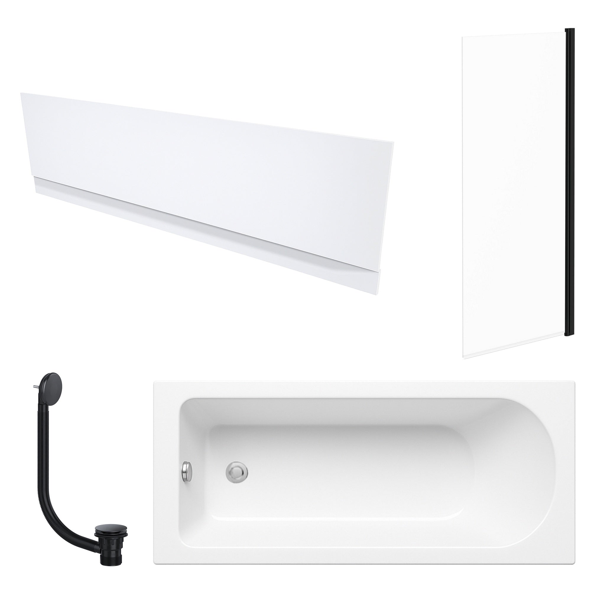 White 1700 x 700 mm Single-Ended Bath with Waterproof Front Panel Straight Black-Frame Bath Screen & Matching Black Bath Waste