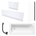 White 1700 x 700 mm Single-Ended Bath with Waterproof Panel Set Straight Black-Frame Bath Screen & Matching Black Bath Waste