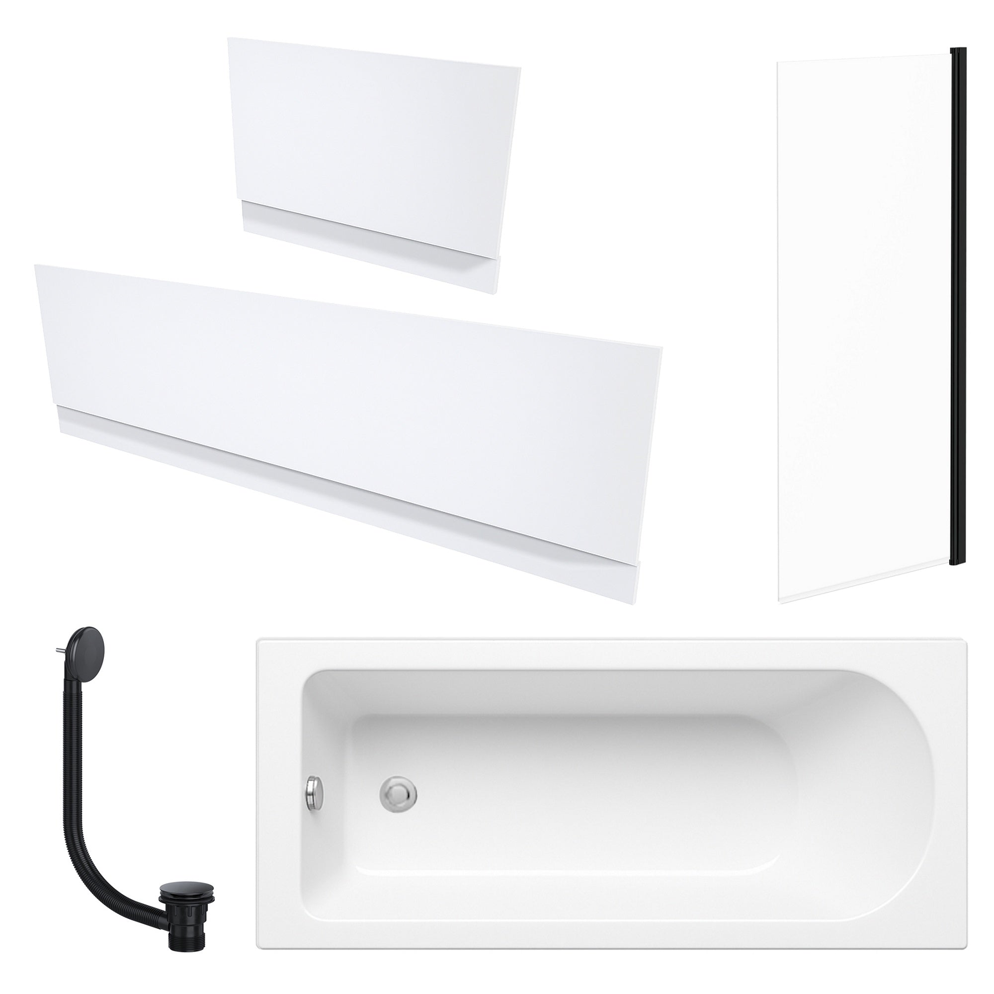 White 1700 x 700 mm Single-Ended Bath with Waterproof Panel Set Straight Black-Frame Bath Screen & Matching Black Bath Waste