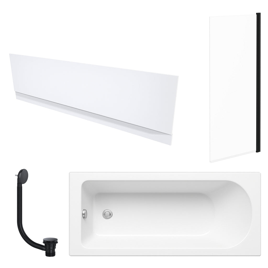 White 1700 x 700 mm Single-Ended Bath with Waterproof Front Panel Straight Black-Frame Bath Screen & Matching Black Bath Waste