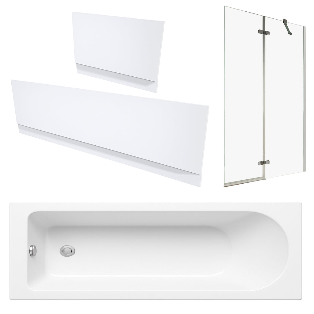 1700 x 700 mm Single-Ended Bath with Waterproof Front & End Panel Set and Semi-Framed Chrome Bath Screen