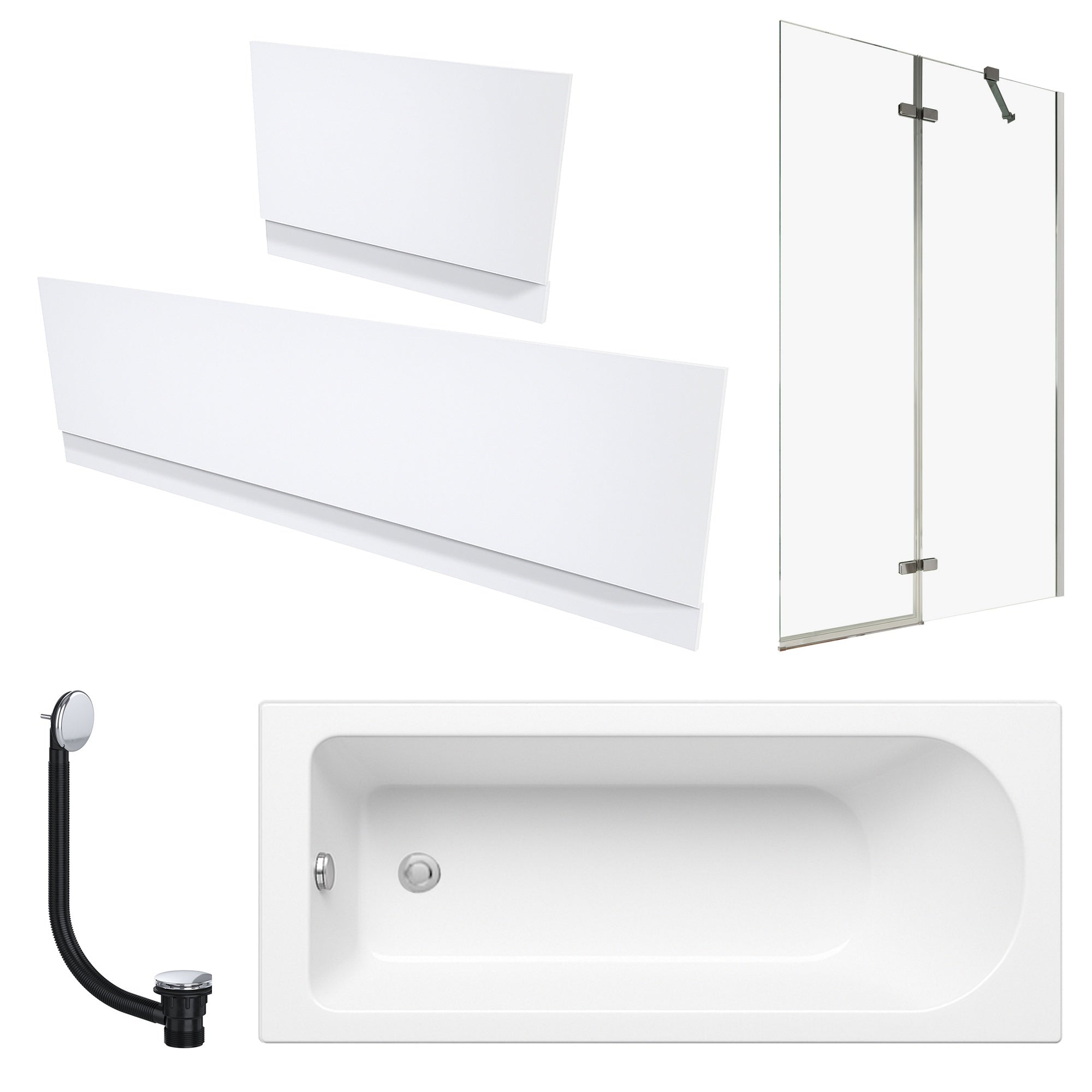 1700 x 700 mm Single-Ended Bath with Waterproof Front & End Panel Set Semi-Framed Chrome Bath Screen & Matching Chrome Bath Waste