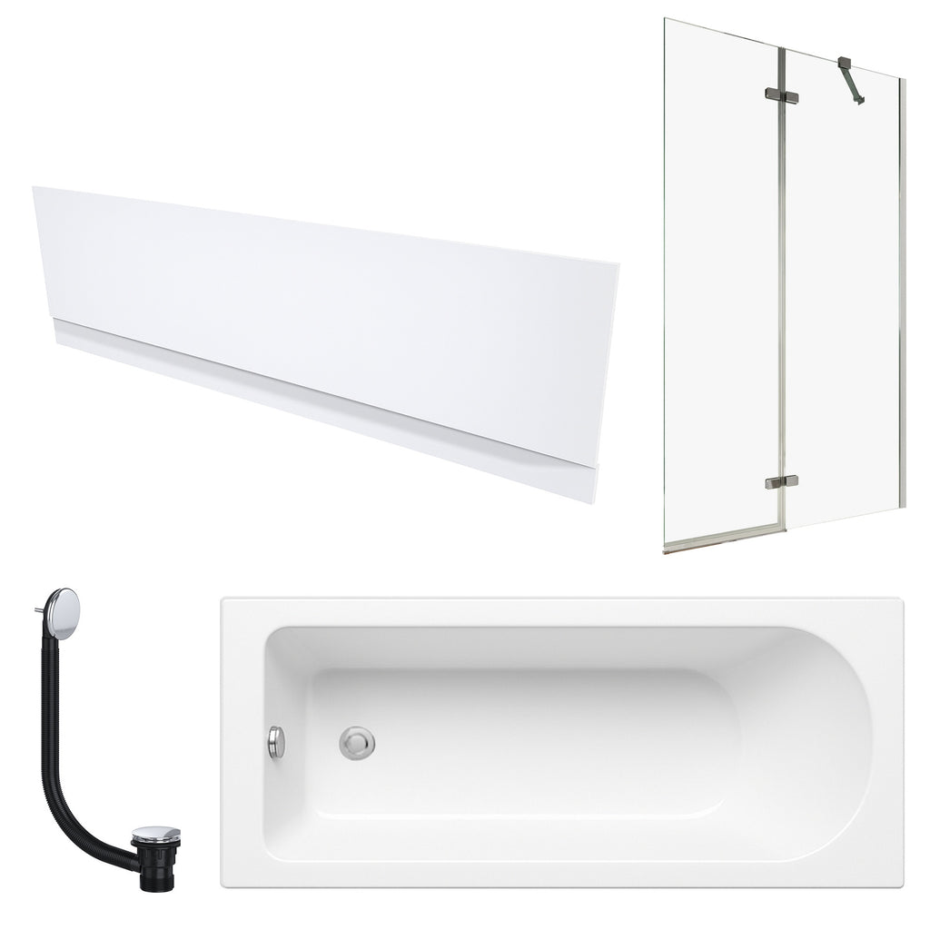 1700 x 700 mm Single-Ended Bath with Waterproof Front Panel Semi-Framed Chrome Bath Screen & Matching Chrome Bath Waste