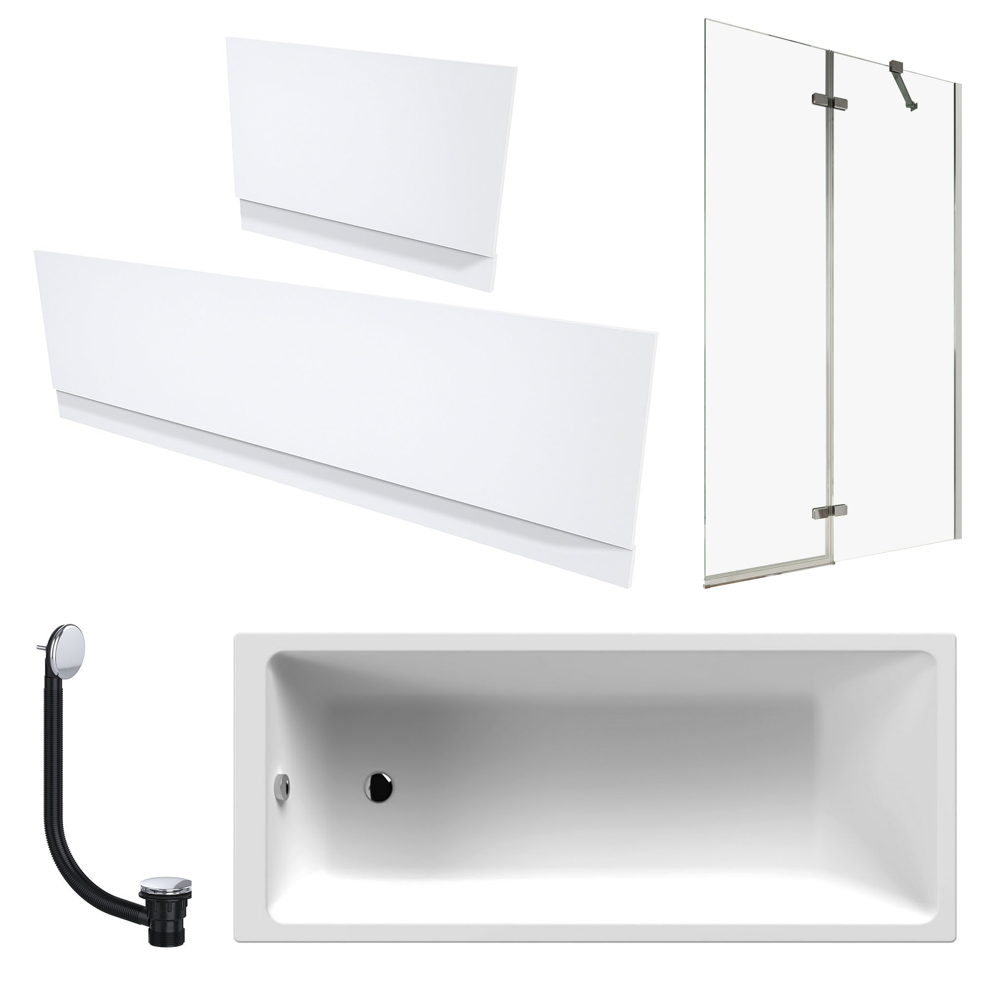 1700 x 700 mm Single-Ended Bath with Waterproof Front & End Panel Set Semi-Framed Chrome Bath Screen & Matching Chrome Bath Waste