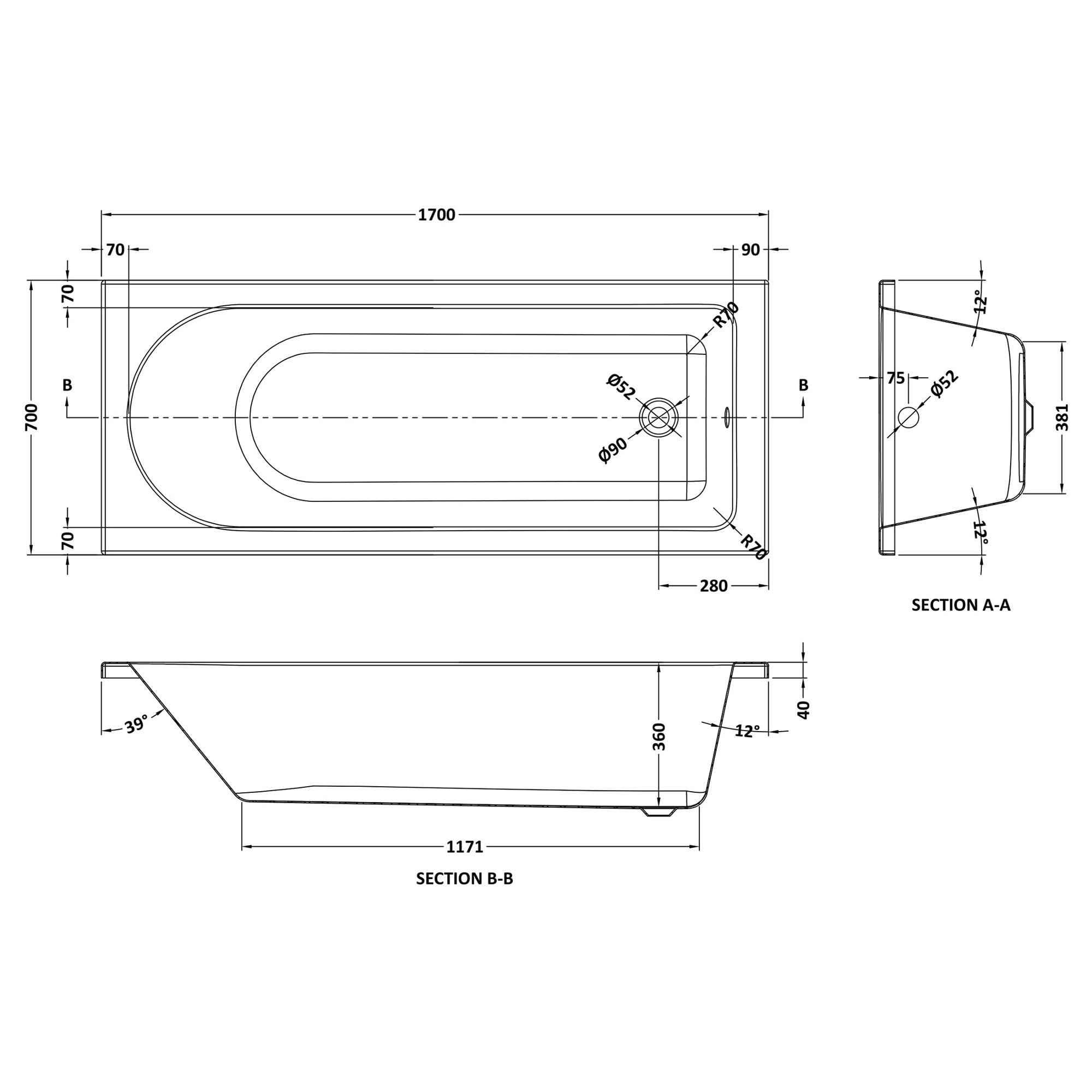 1700 x 700 mm Single-Ended Acrylic Bath with Waterproof Front Panel & Contemporary Semi-Framed Black Bath Screen - 1500 x 890 mm