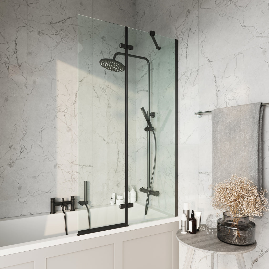 1700 x 700 mm Single-Ended Acrylic Bath with Waterproof Front Panel & Contemporary Semi-Framed Black Bath Screen - 1500 x 890 mm