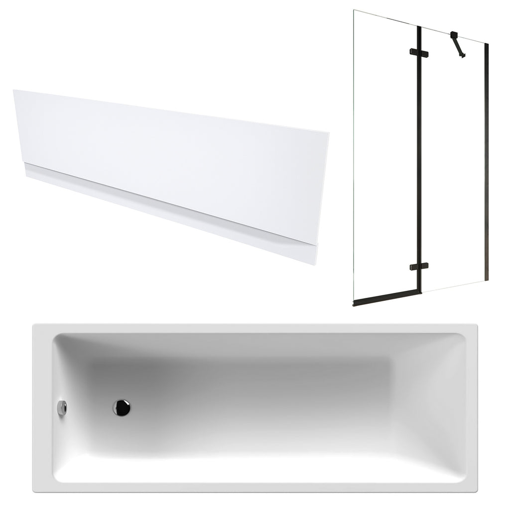 1700 x 700 mm Single-Ended Acrylic Bath with Waterproof Front Panel & Contemporary Semi-Framed Black Bath Screen - 1500 x 890 mm