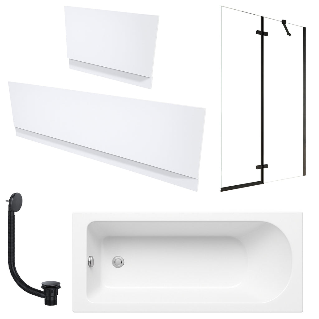 1700 x 700 mm Single-Ended Acrylic Bath with Waterproof Panel Set Semi-Framed Black Bath Screen & Matching Black Bath Waste