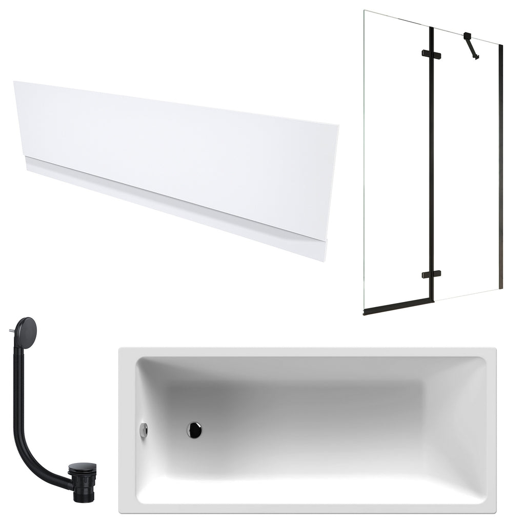 1700 x 700 mm Single-Ended Acrylic Bath with Waterproof Front Panel Semi-Framed Black Bath Screen & Matching Black Bath Waste