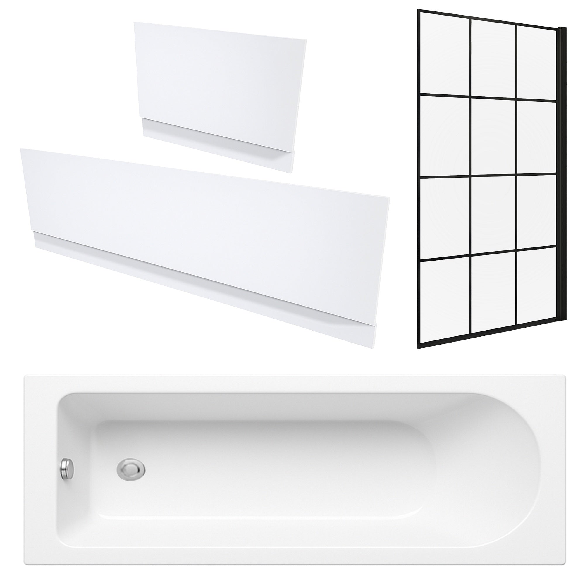White 1700 x 700 mm Single-Ended Bath with Waterproof Panel Set & Grid Black Bath Screen